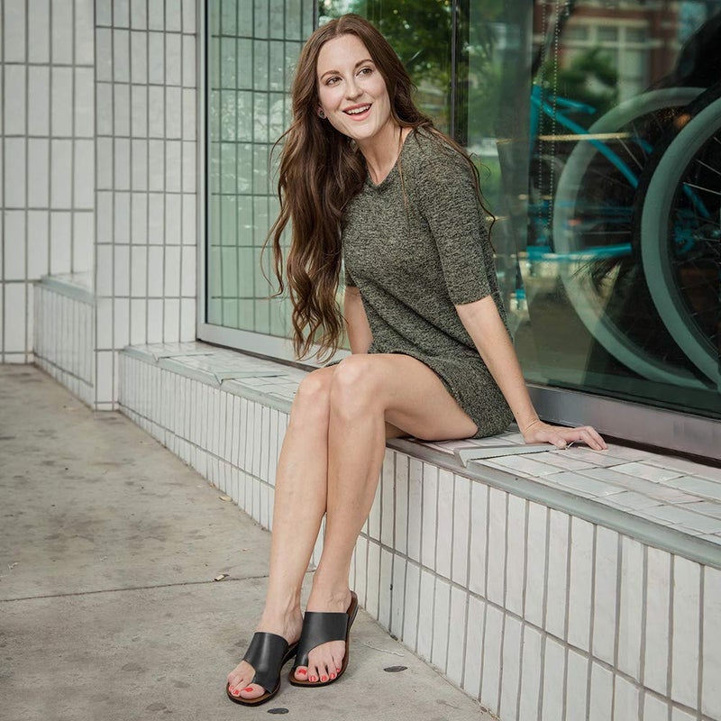 Aerosoft Womenâ€™s Split Toe Slide Sandals Comfortable Summer Flats for Walking Travel & Casual Wear Cute Dressy Outdoor Fashion Footwear (Daffodil Black Size 7) - Image 2